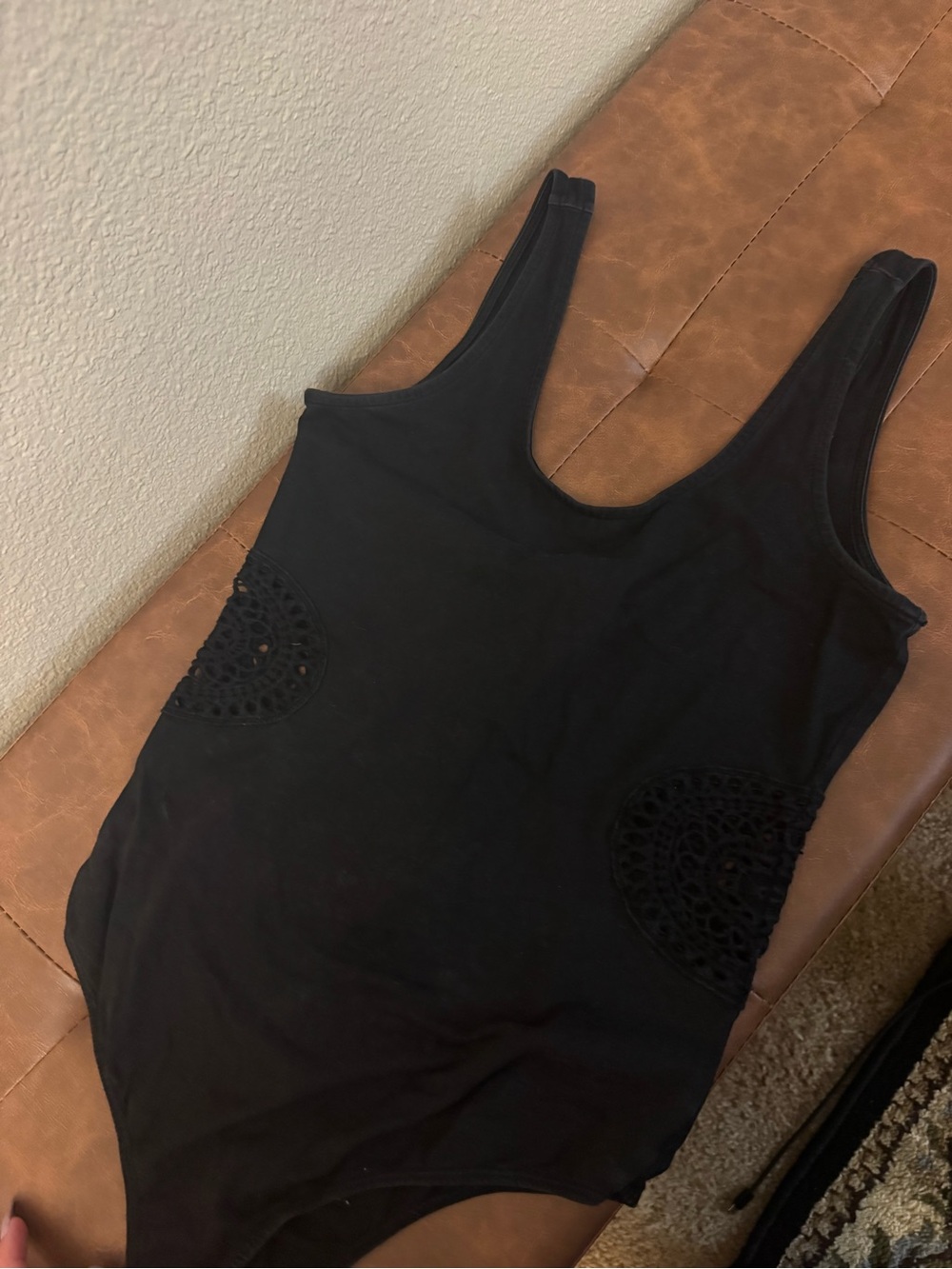 Kendall & Kylie Black Crochet-Panel Scoop Neck Bodysuit